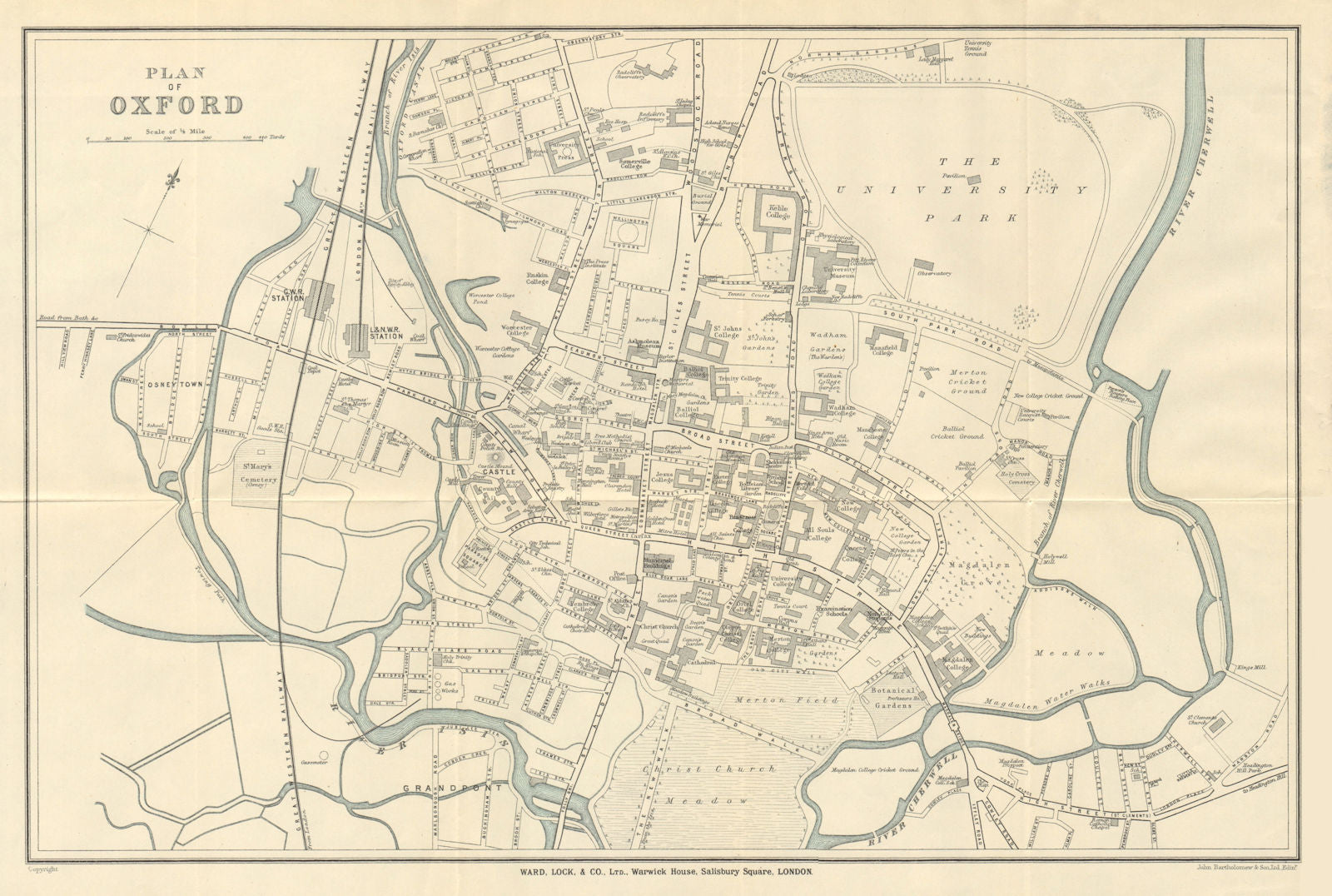 OXFORD vintage town/city plan. University colleges. WARD LOCK 1924 old map